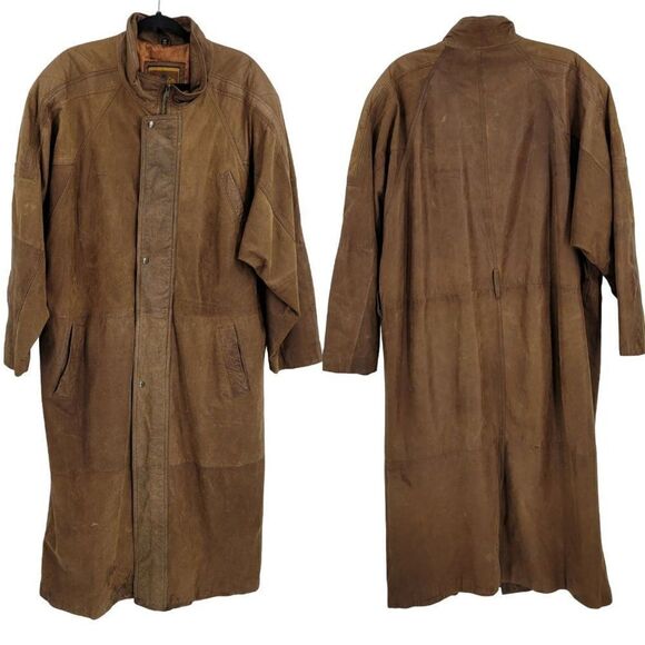 Vintage 80s IOU Leather Trench Mad Max Apocalyptic Mottled Brown Dolman Long XL - Picture 1 of 16
